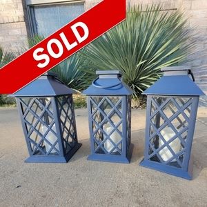 Set of 3_Dusty Blue Solar Powered Lanterns with flickering candles. Good Conditi